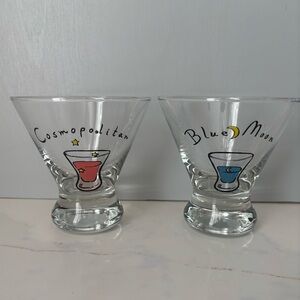 Vtg Pottery Barn stemless hand-painted Cosmopolitan & Blue Moon cocktail glasses
